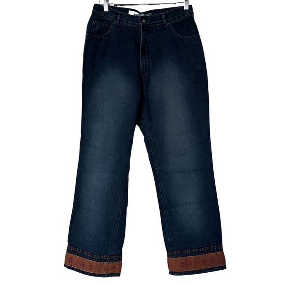 Vtg Bugle Boy Original Boot Cut Jeans Size 10 Dark Wash Denim Aztec Cuff Boho - Picture 1 of 6